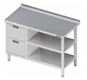 stół przyścienny z blokiem dwóch szuflad (L),i 2-ma półkami 1700x700x850 mm