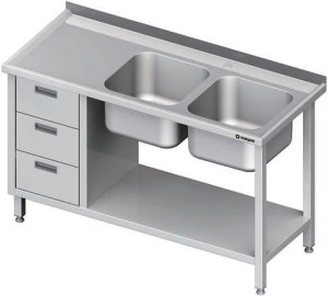 stół ze zlewem 2-kom.(P), z blokiem trzech szuflad i półką 1800x700x850 mm
