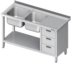 stół ze zlewem 2-kom.(L), z blokiem trzech szuflad i półką 1500x700x850 mm