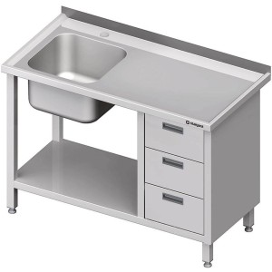 Stół ze zlewem 1-kom,(L) | z blokiem trzech szuflad i półką | 1600x700x850 mm