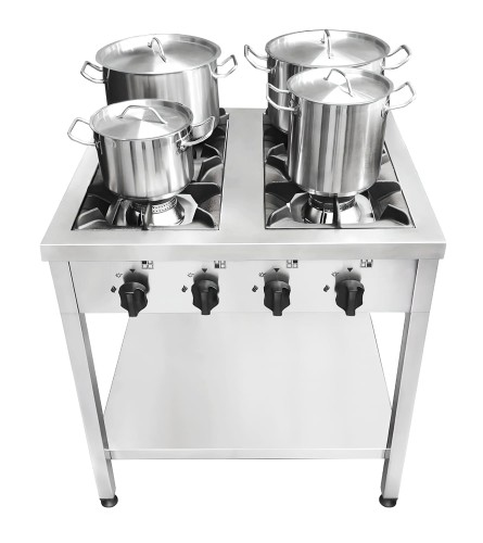 kuchnia gazowa, czteropalnikowa, wolnostojąca, z półką, wykonana z stali nierdzewnej, z czarnymi pokrętłami i oznaczeniami palników, z żeliwnym rusztem