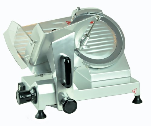 krajalnica do wędlin, z aluminium, na nóżkach z tworzywa sztucznego,  czarne pokrętło do regulacji grubości